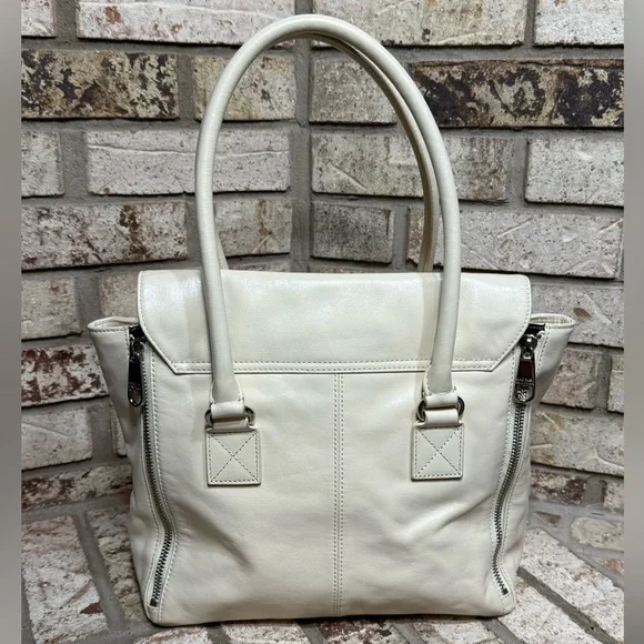 Badgley Mischka Ivory and Black Leather Tote Bag Silver Hardware Satchel - Picture 4 of 13